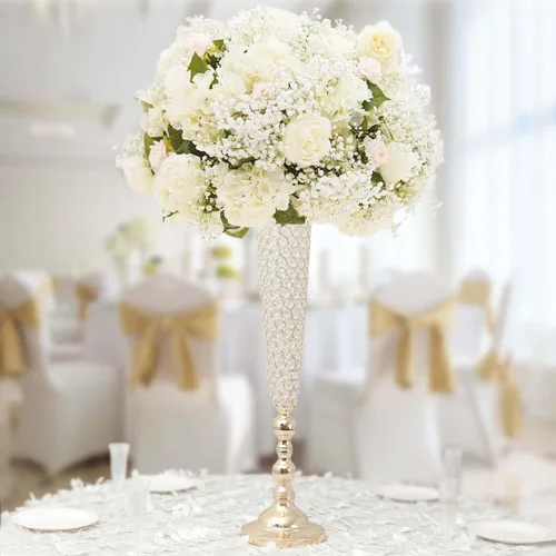 Vista 19 de Efavormart - Juego de 2 jarrones de trompeta con cuentas doradas de cristal para mesa de boda, 23 pulgadas de alto