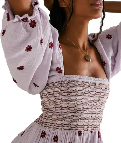 Vista 2 de Vestido largo bohemio con cuello en V profundo y mangas abombadas para mujer, estilo casual, floral, de gasa, escalonado, con vuelo, para fiesta