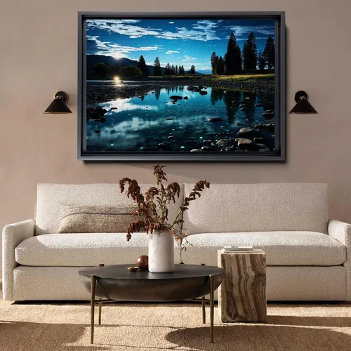 Vista 2 de Cool Wall Art Landscape Mountains Nature print Prints Minimalist Modern Home Artwork Decoration Night Sky With Stars, Framed Canvas Print