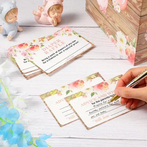 Vista 4 de Pajean Juego de 50 boletos y cajas para rifas de pañales florales, flores de acuarela, consejos y deseos para los futuros padres, accesorio