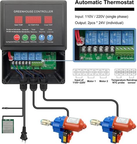 Vista 2 de UYGALAXY Kit de motores enrollables de película de invernadero con interruptor de límite (paquete de 2) + controlador de termostato inteligente caja