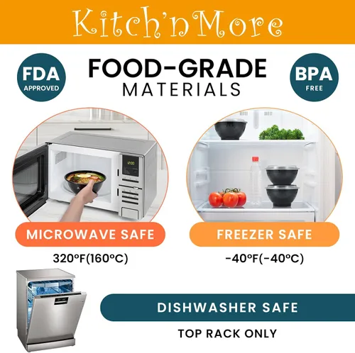 Vista 4 de Kitch'nMore Cuencos de preparación de comidas extra gruesos de 36 onzas con tapas, recipientes de plástico con cubiertas transparentes para fideos