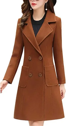 Vista 2 de Bankeng Chaqueta de solapa de doble botonadura con muesca para mujer, mezcla de lana de camello