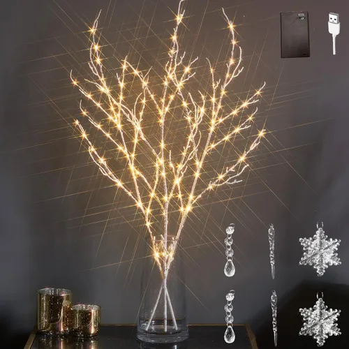 Vista 11 de Litbloom - Ramas de sauce iluminadas plateadas con purpurina, de 32 pulgadas, 120 luces LED con temporizador que funcionan