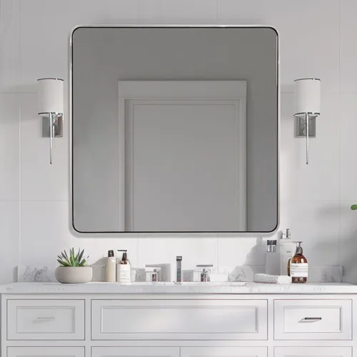 Vista 62 de Espejo de latón para baño, espejo rectangular redondeado de 22x30 pulgadas con marco de metal cepillado dorado, espejo de tocador de baño sin