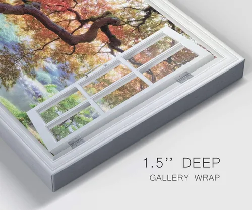Vista 6 de Renditions Gallery Lienzo de arte de la naturaleza, vista de ventana, imágenes de árbol de bosque naranja y verde sobre un lago, impresiones