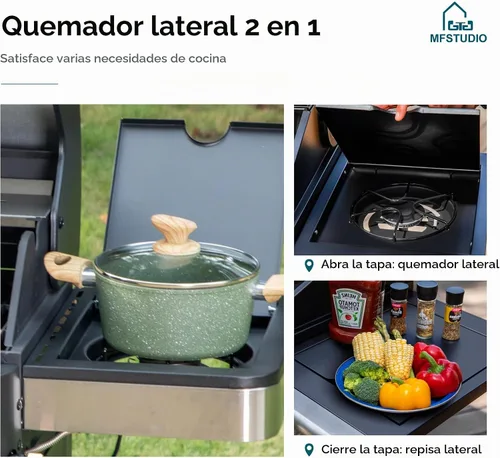 Vista 4 de MFSTUDIO - Parrilla de barbacoa a gas de 4 quemadores con quemador lateral, color negro