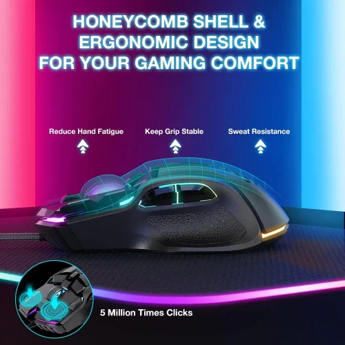 Vista 4 de WolfLawS Mouse para juegos con cable mouse USB para computadora y juegos con 12 modos retroiluminados RGB ajustable de alta precisión de 12800 DPI