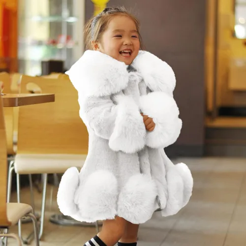 Vista 4 de Chaqueta para niñas pequeñas, otoño e invierno, con cuello de vellón, chaquetas sólidas de lana cálida (blanco, 2-3 años)
