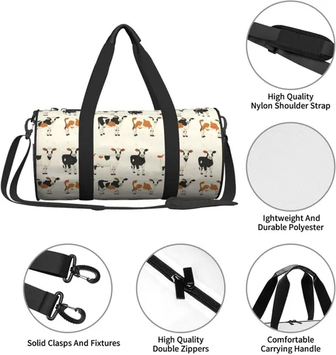 Vista 4 de Large Duffle Bag for Travel - Cute Cow Retro Print Gym Bag for Women Men, Travel Foldable Bags for Women Men with Zippered Multiple Pockets