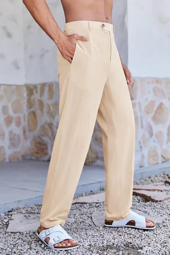 Vista 2 de PASLTER Pantalones sueltos de algodón y lino para hombre, casuales, ligeros, sin pinzas, pantalones de yoga y playa para hombres