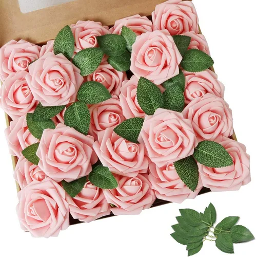 Vista 13 de AmyHomie 25 flores artificiales de aspecto real con tallo de rosa beige