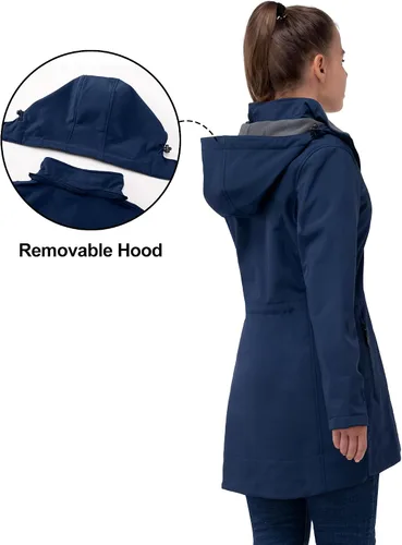 Vista 2 de 33,000ft Chaqueta de Lluvia Impermeable para Mujer de Softshell Largo con Capucha y Forro de Forro Polar, Cortavientos