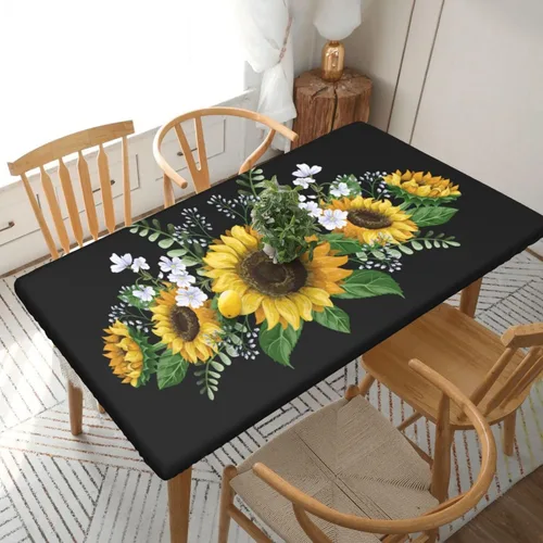 Vista 34 de Fiokroo Mantel de Flores de Crisantemo Azul, Amarillo y Azul Marino con Borde Elástico, Mantel Redondo Lavable y Reutilizable Cubierta de Mesa