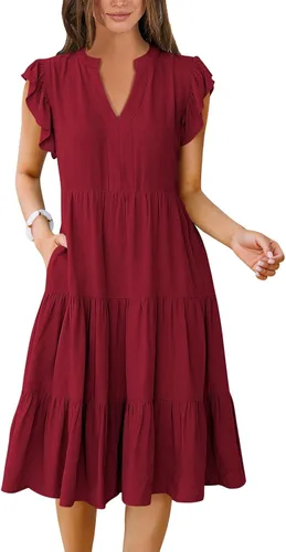 Vista 29 de ANRABESS Vestido de verano para mujer, manga con volantes, cuello en V, vestido midi a la moda, casual, holgado, escalonado, bohemio, playa
