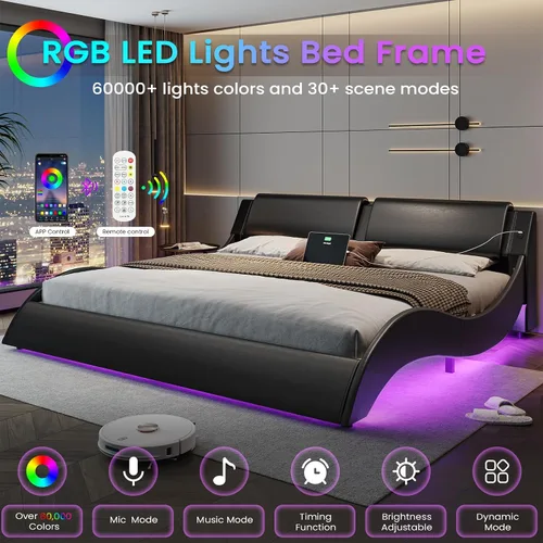 Vista 4 de DICTAC Base de cama King con puertos de carga y cabecero, base de cama de plataforma tamaño King con luces LED onduladas como curvas, soporte