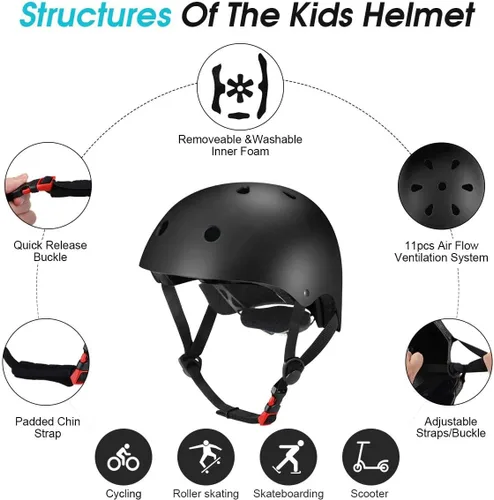 Vista 4 de Casco ajustable para niños de 5 a 16 años, niños pequeños, niños y niñas, equipo de protección con rodilleras, coderas y muñequeras para múltiples