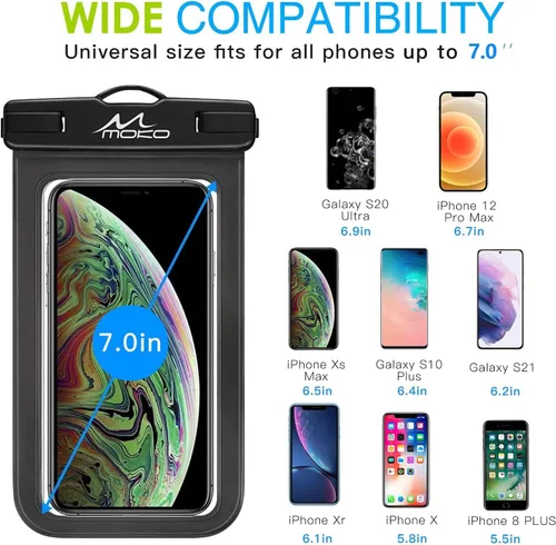 Vista 5 de Carcasa impermeable con accesorios para celular, universal, resistente al agua, con brazalete y correa para el cuello, hasta 6 pulgadas, de MoKo