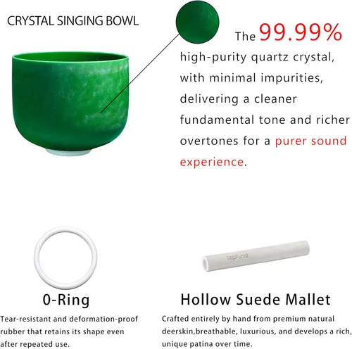 Vista 2 de TOPFUND Emerald Fusion 432 Hz F Note - Cuenco de cristal de 8 pulgadas, tono perfecto, chakra timo, funda de transporte resistente y delantero
