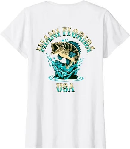 Vista 29 de Camiseta con diseño de pesca en la parte delantera y trasera de Miami Florida USA, Negro