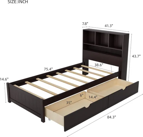 Vista 2 de MERITLINE Cama individual con cabecera de almacenamiento, cajones, estación de carga y luces LED, plataforma de madera con estantería