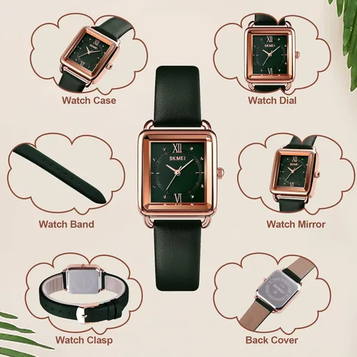 Vista 2 de SKMEI - Reloj de pulsera para mujer, de piel, rectangular, elegante, para mujer, Classic, Verde-D