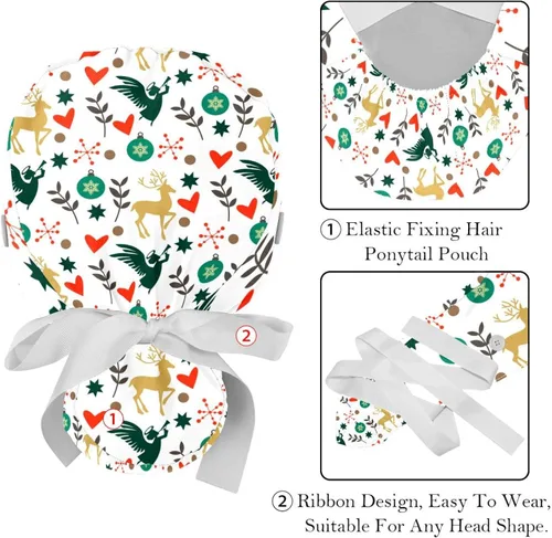 Vista 4 de 2 PCS Bouffant Cap with Button Ponytail Pouch Working Cap Sweatband Adjustable Surgical Cap Deer Floral Watercolor