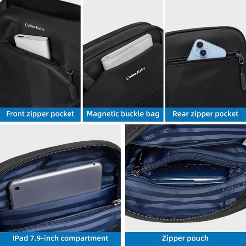Vista 5 de Colins Keirs Bolso bandolera para hombre, bolso bandolera de viaje con cremallera y correa de hombro ajustable. Bolsa de mensajero pequeña