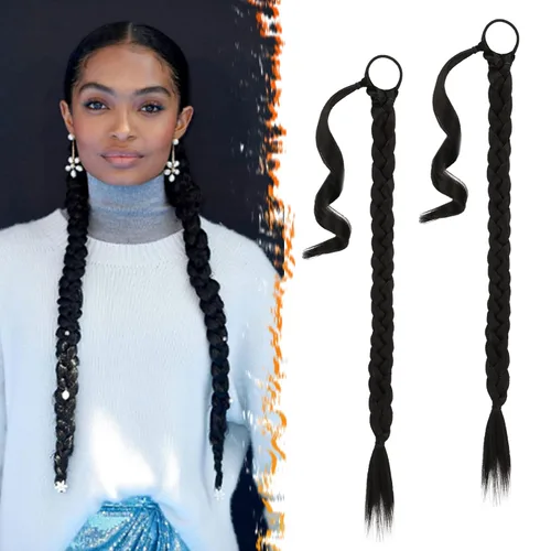 Vista 57 de Barsdar Extensión de 26 Pulgadas de Cola de Caballo Trenzada Larga con Banda Elástica - Extensiones de Cabello en Cola de Caballo Recta y Elegante
