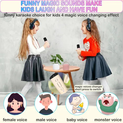 Vista 2 de Mini máquina de karaoke para niños y adultos, juguetes para niños y niñas, regalos para niñas y niños, altavoz Bluetooth con 2 micrófonos Beige