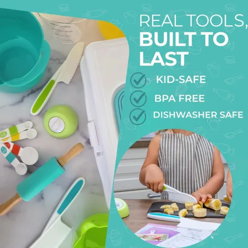 Vista 4 de Juego de regalos definitivo para cocinar y hornear Tovla JR para niños Cuchillos seguros para niños Montessori, delantal, libro de cocina visual