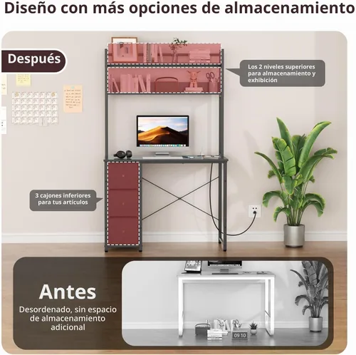 Vista 5 de Aquzee Escritorio para computadora con cajones, escritorio de 40 pulgadas con gabinete, escritorio de oficina en casa con almacenamiento, tomas