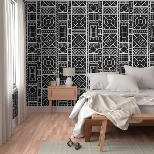 Vista 5 de Spoonflower Pelar y pegar muestra de papel tapiz - Enrejado Negro Círculos Blancos Graffiti Chinoiserie Palm Beach China Papel pintado extraíble
