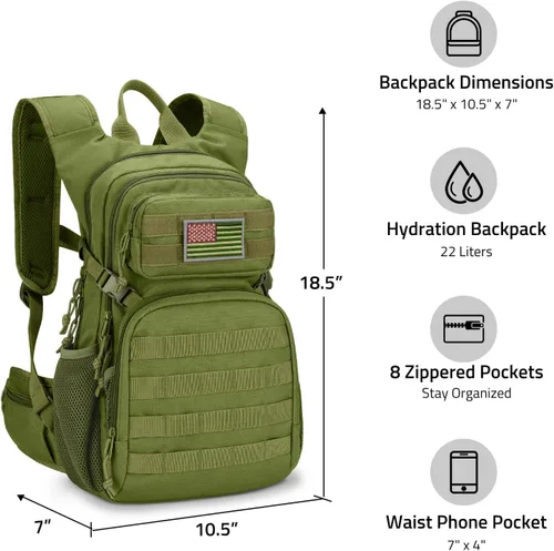 Vista 6 de CVLIFE Mochila táctica de hidratación con vejiga de agua de TPU de 3 L, mochila de senderismo de 22 L para hombres y mujeres, mochila de agua Molle