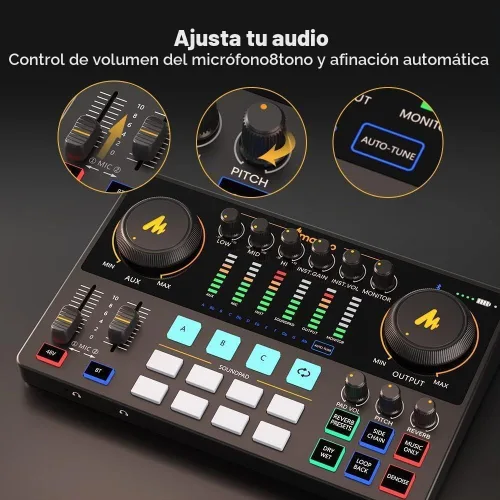 Vista 6 de MAONO Kit de Equipo de Podcast Interfaz de Audio de 10 Canales y Micrófono Dinámico XLR MaonoCaster con Preamplificador Profesional, 48V, Bluetooth