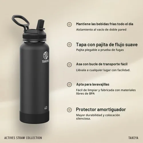 Vista 3 de Takeya Actives - Botella de agua con tapa con popote, duradera y de fácil cuidado, con aislamiento de acero inoxidable, tapa sin BPA con asa