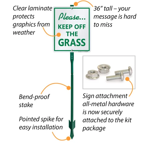 Vista 4 de SmartSign Letrero LawnBoss® con texto en inglés "Please - Keep Off the Grass", letrero de aluminio de 10 x 12 pulgadas con estaca de 3 pies Letrero