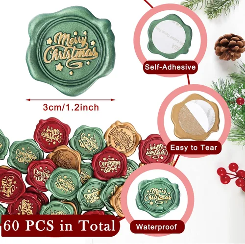 Vista 2 de Whaline 60 calcomanías de sello de cera de Navidad – rojo, verde, dorado – 3D vintage autoadhesivo en relieve para Navidad, tarjetas de invitación