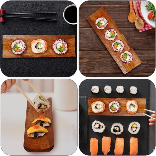 Vista 4 de BESTonZON Plato de sushi japonés de madera: 2 piezas de sashimi de bambú para servir Geta, placa de sushi, plato de postre de frutas, bandeja