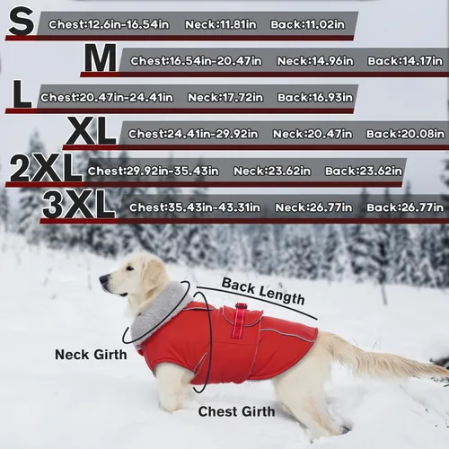 Vista 4 de Lelepet Abrigo cálido para perros – Chaleco reflectante impermeable de vellón con hebilla ajustable de gancho y bucle, chaqueta de invierno Rojo