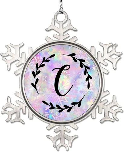Vista 10 de Adorno de copo de nieve de letra A con inicial de copo de nieve, corona negra, adorno con monograma para decoración de árbol de Navidad, adornos