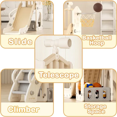 Vista 2 de YUFU Tobogán 5 en 1 para niños pequeños, tobogán para niños con escalador, aro de baloncesto y pelota, juego para interiores y exteriores para niños