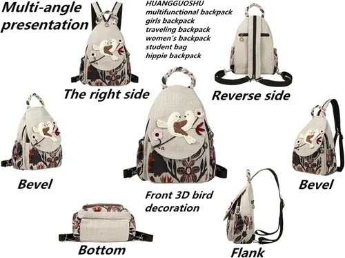 Vista 102 de HUANGGUOSHU Mochila de algodón tejida de algodón bohemio con bordado de lona estilo bohemio con múltiples bolsillos retro linda mochila cartera