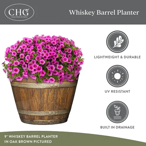 Vista 4 de Macetas de Barril de Whiskey Classic Home & Garden - Maceta de Flores con Acabado de Madera - Elegantes Macetas de Jardín - Macetas de Resina