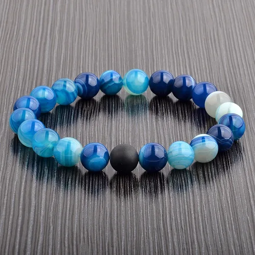 Vista 6 de Pulsera elástica con cuentas de ágata azul pulido y ónix mate para hombre (0.413 in de ancho), talla única, Microfibra, ágata azul