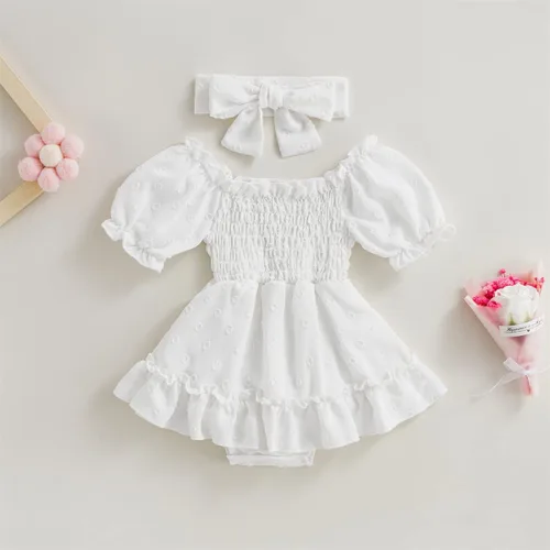 Vista 23 de Mameluco de verano para niña, sin mangas, vintage, con burbujas, vestido de mameluco lindo y diadema