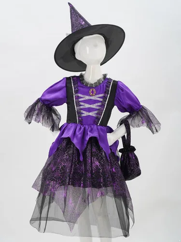 Vista 3 de Sholeno Kids Girls Fairytale Witch Cosplay Dress Up Witch Tulle Dress with Pointed Hat Candy Handbag Set for Halloween