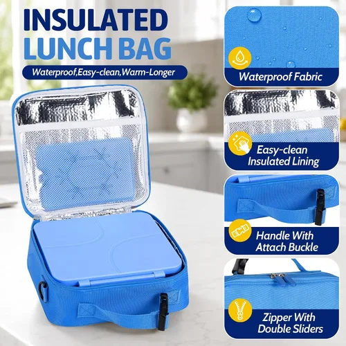 Vista 6 de MAXSO Set de Lonchera Bento con Termo para Sopa de 8 oz, Envase para Alimentos Calientes con 4 Compartimentos a Prueba de Fugas para Niños con Taza