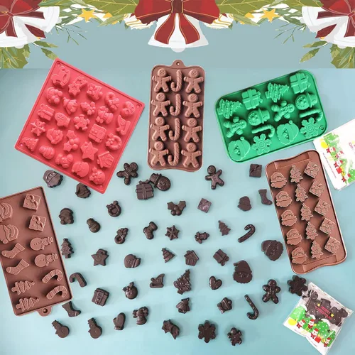 Vista 6 de Moldes de silicona para chocolate de Navidad, paquete de 5 moldes de silicona para dulces de Navidad con 20 bolsas de dulces de Navidad