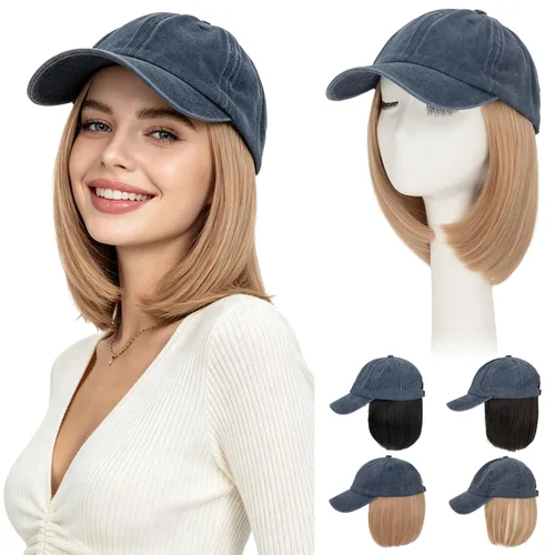 Vista 20 de Hairro Peluca de gorra de béisbol con cabello adjunto, corto estilo Bob ajustable, extensiones de cabello sintético para mujeres, balayage